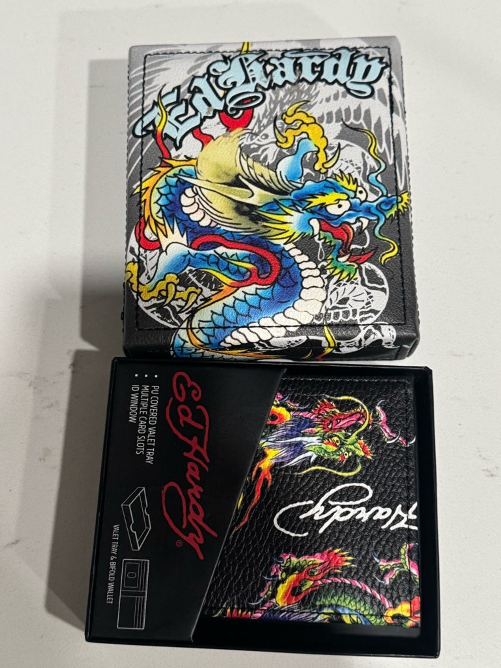 Ed Hardy Black Leather Wallet with Multicolor Dragon Art